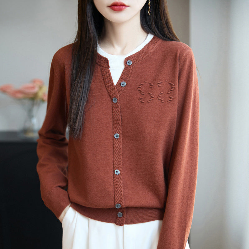 Women's Short Fine Knit Cardigan with V-Slit Collar, Ribbed Trim and Subtle Structure Logo Chichicherry