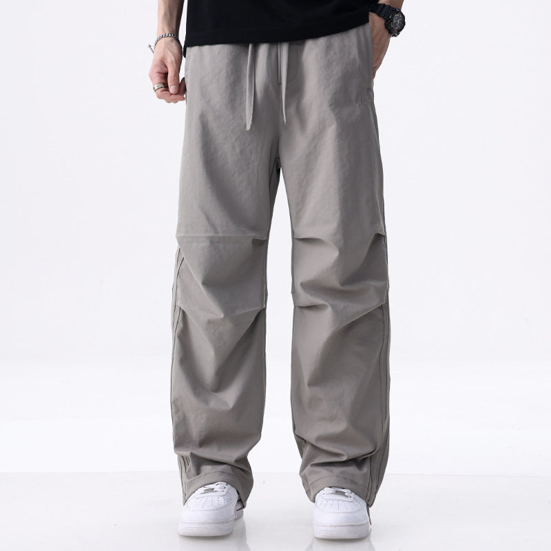 Men's Wide Cargo Pants with Drawstring, Knee Panels and Side Decorative Stripes Chichicherry