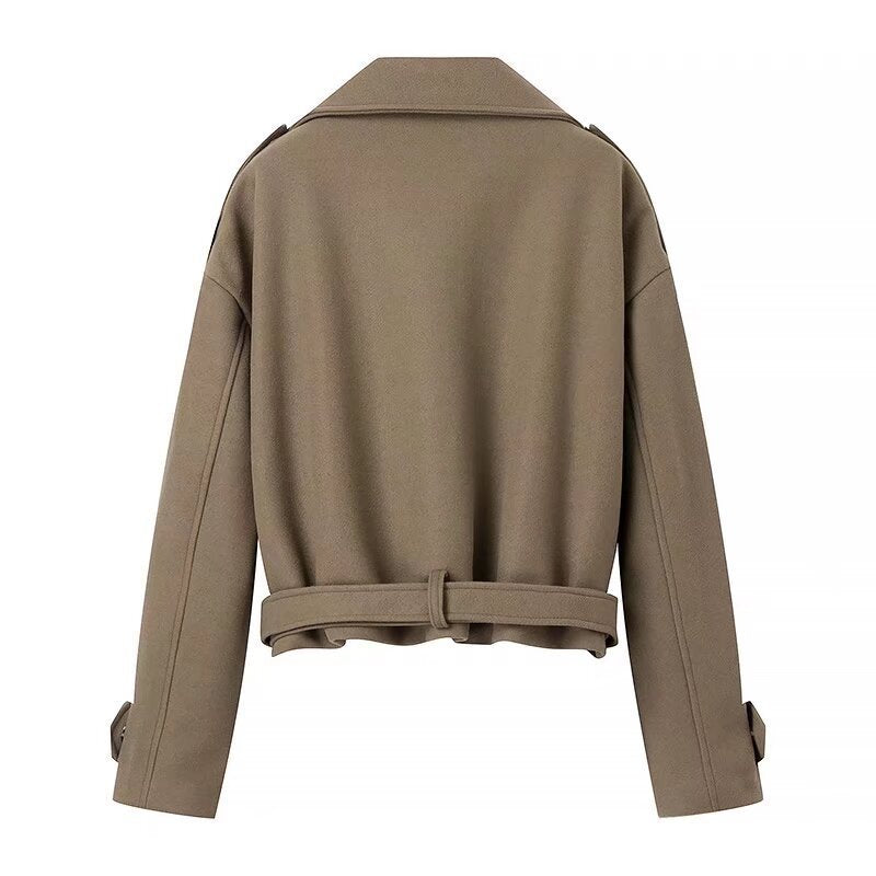Women's Short Wool Blend Trench Coat with Belt, Epaulettes and Wide Lapels Chichicherry