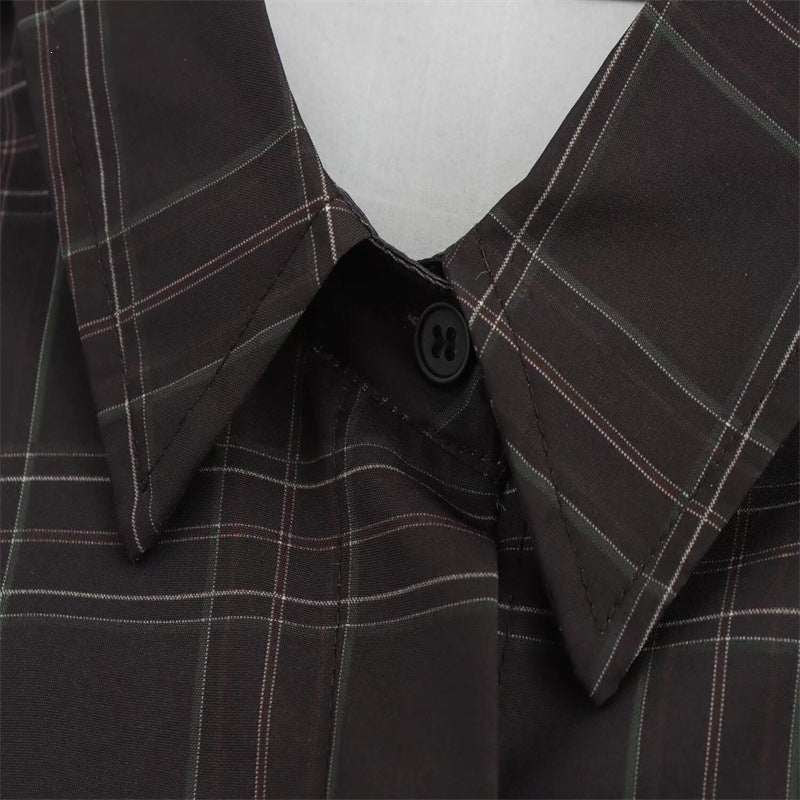 Women's Cropped Boxy Shirt Jacket in Checkered Pattern with Concealed Button Placket Chichicherry