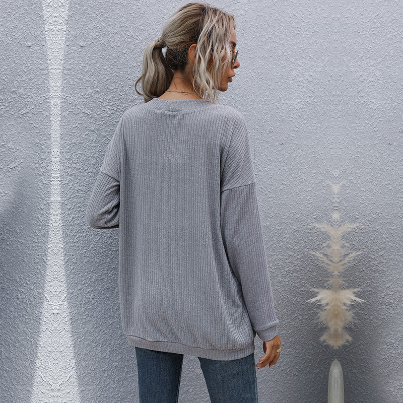 Women Loose Fine Knit Cardigan with Ribbed Textured Knit and Patch Pockets Chichicherry