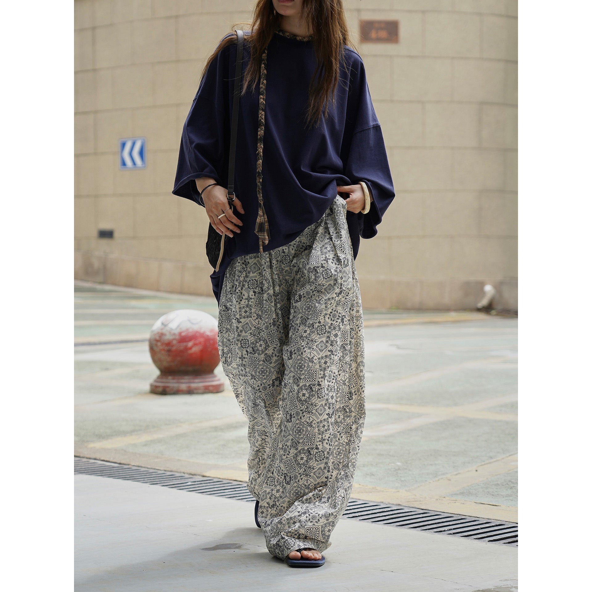 Women's Wide Lightweight Palazzo Pants with Elastic Drawstring Waistband and Tile Print Chichicherry