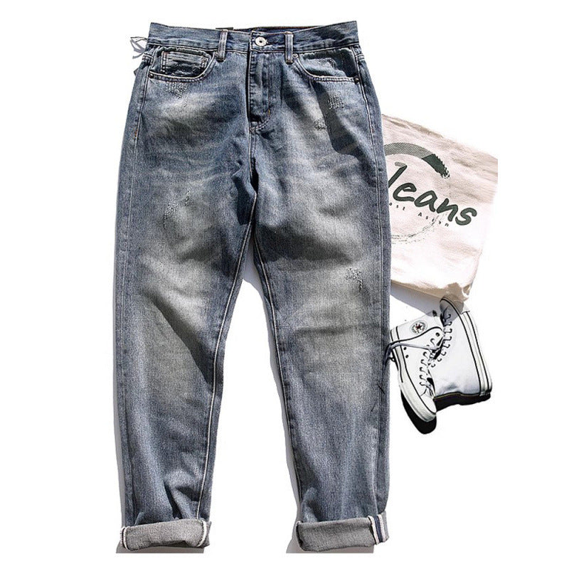 Herren Relaxed-Tapered Vintage-Jeans mit Used‑Effekt und aufgekrempeltem Saum Chichicherry