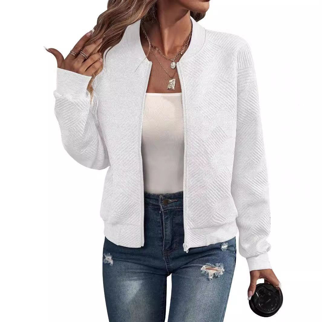 Women Structured Bomber Cardigan with Zipper and Ribbed Cuffs Chichicherry