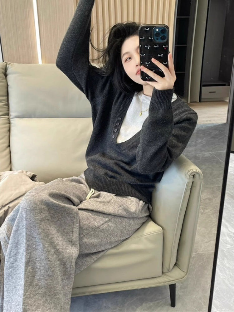 Women's Deep V-Neck Fine Knit Sweater with Layering Effect and Light Waist Definition Chichicherry