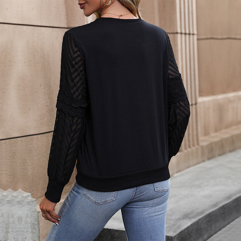 Women’s round neck long sleeve with transparent lace sleeves and loose fit Chichicherry