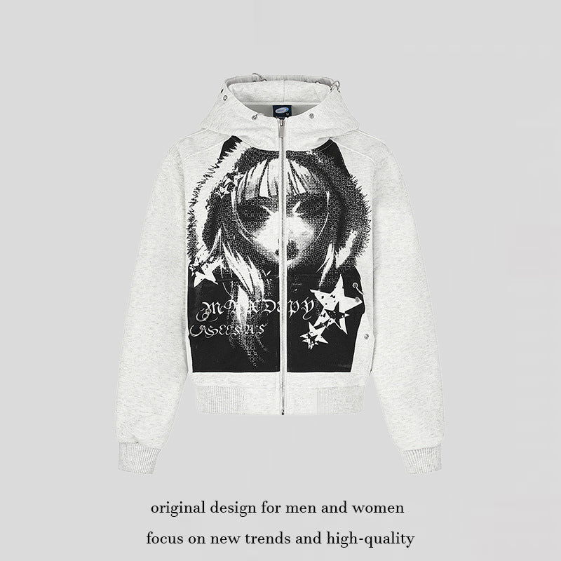 Ladies Hooded Sweat Jacket with Photorealistic Manga Front Print, Fleece Lining and Full Zip Chichicherry