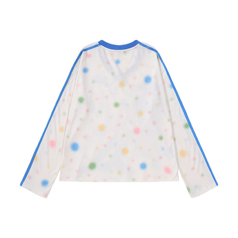 Women's Cropped Mesh Long Sleeve with V-Neck, Anime Print and Contrast Stripes Chichicherry