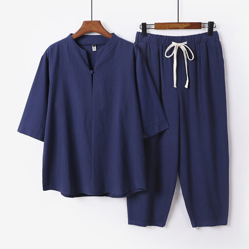 Women Lightweight Linen-Cotton Loungewear Set with Stand Collar, Three-Quarter Sleeves and Elasticated Waist Pants Chichicherry