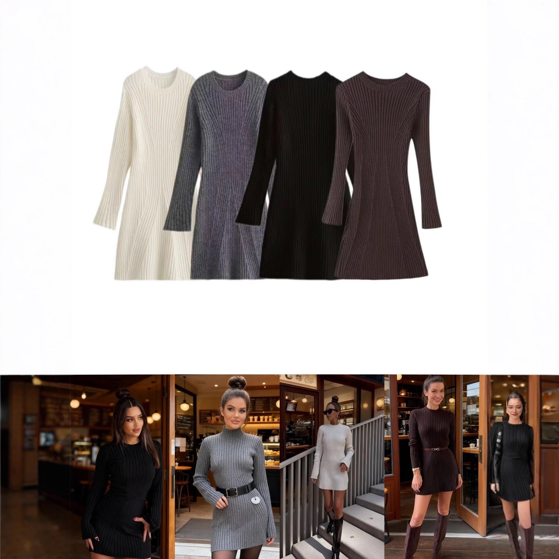 Women's Ribbed Knit Dress with Flared A-Line and Wide Cuffs Chichicherry