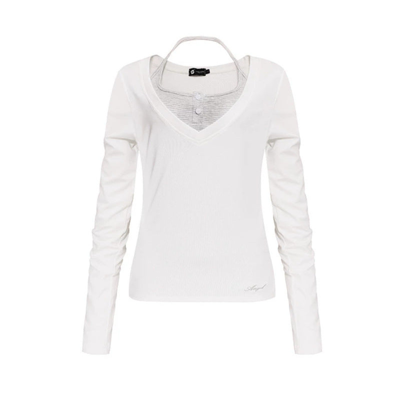 Women's long sleeve shirt with double layer effect, deep V-neck and striped insert Chichicherry