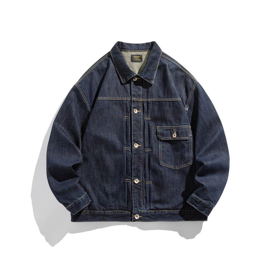 Unisex Wide-cut Denim Worker Blouson with Asymmetric Flap Pocket Chichicherry
