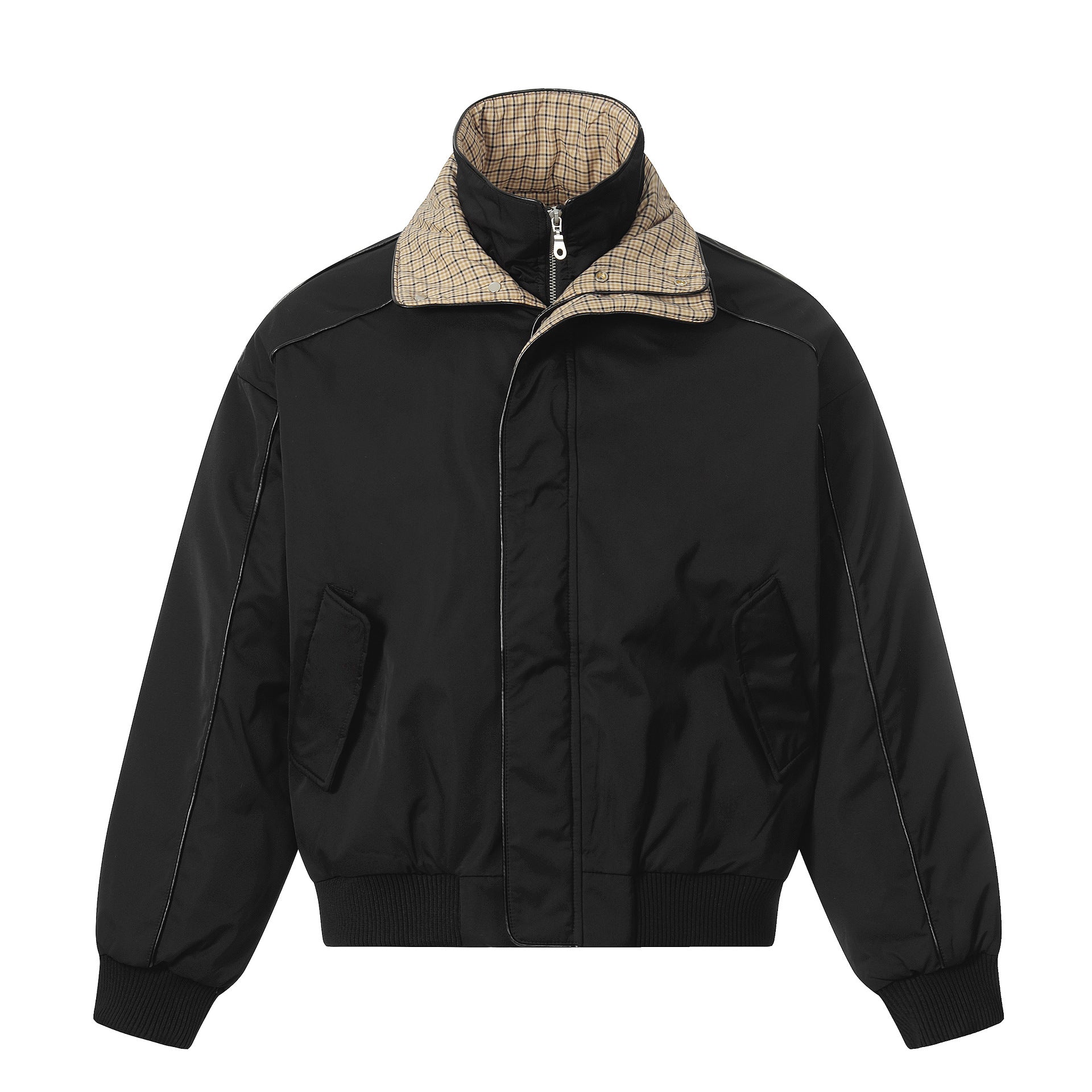 Unisex short jacket with high double collar and checked inner lining Chichicherry