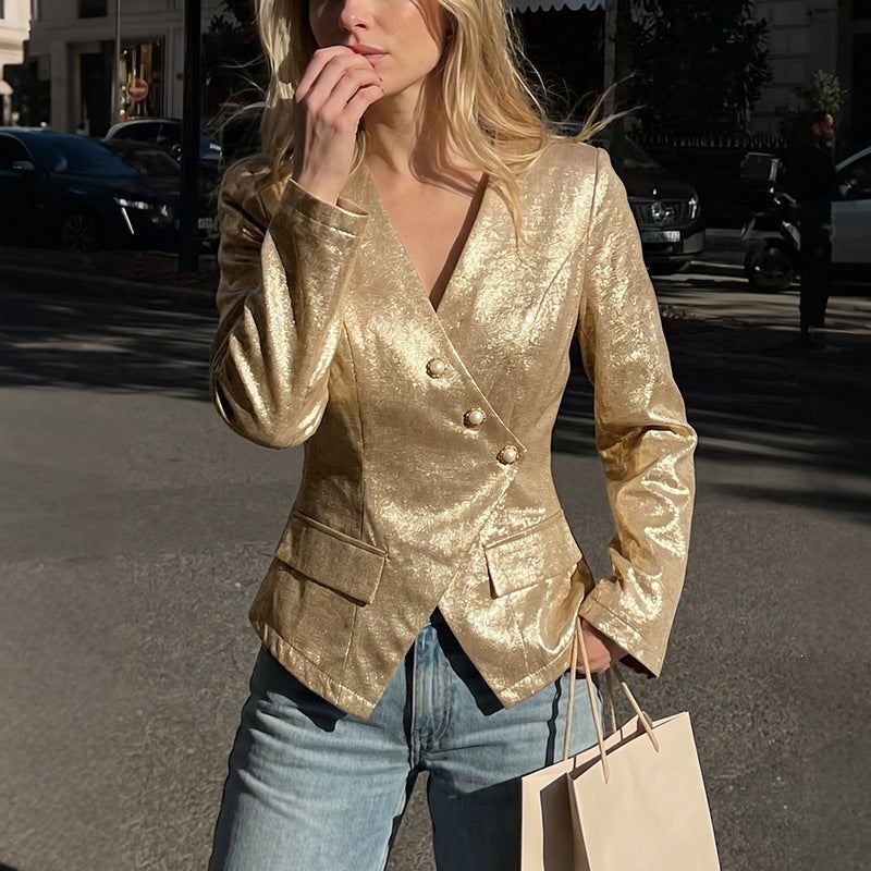 Women's Tailored Blazer with Shimmering Jacquard Texture and Decorative Pearl Buttons Chichicherry