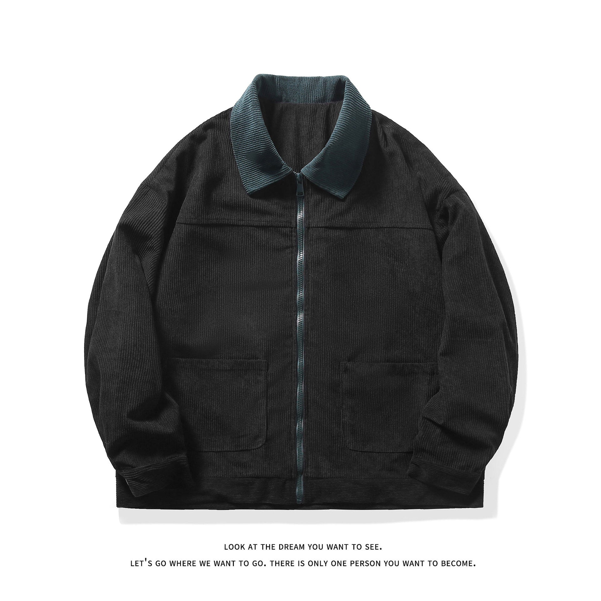 Men's fine corduroy transitional jacket with full-length zipper, contrast collar, and patch pockets Chichicherry