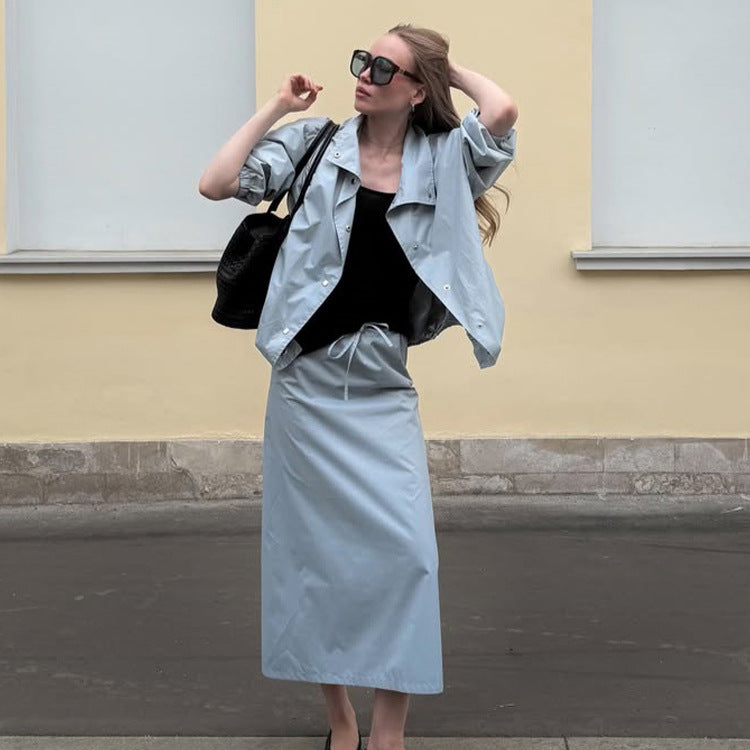 Women's Two-Piece Co-Ord Set made of Lightweight Windbreaker with Drawstring and Tailored Maxi Skirt Chichicherry