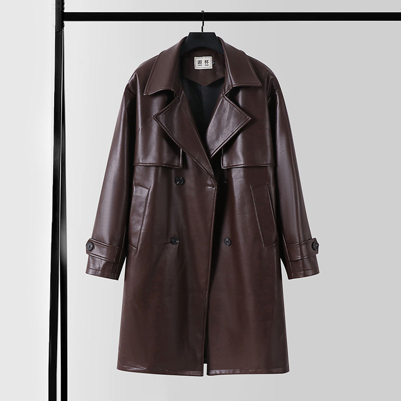 Men's Faux Leather Trench Coat with Double-Breasted, Oversized Cut and Cuff Straps Chichicherry