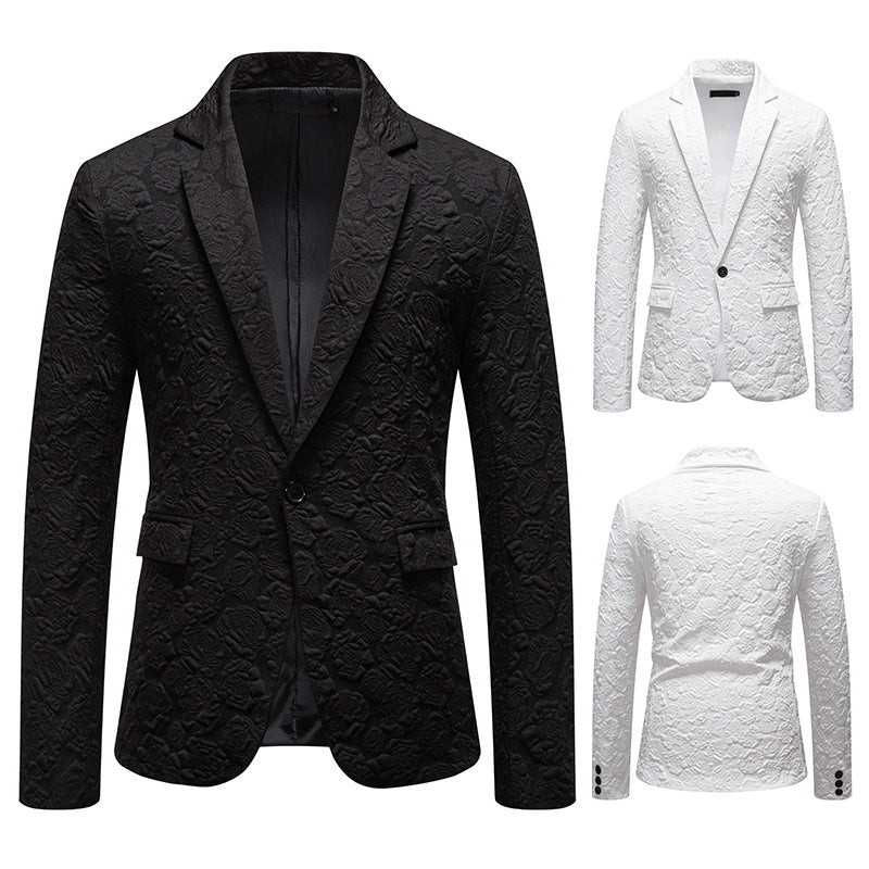 Men's Tailored Single-Button Jacket with Embossed Floral Jacquard Texture and Patch Pockets Chichicherry