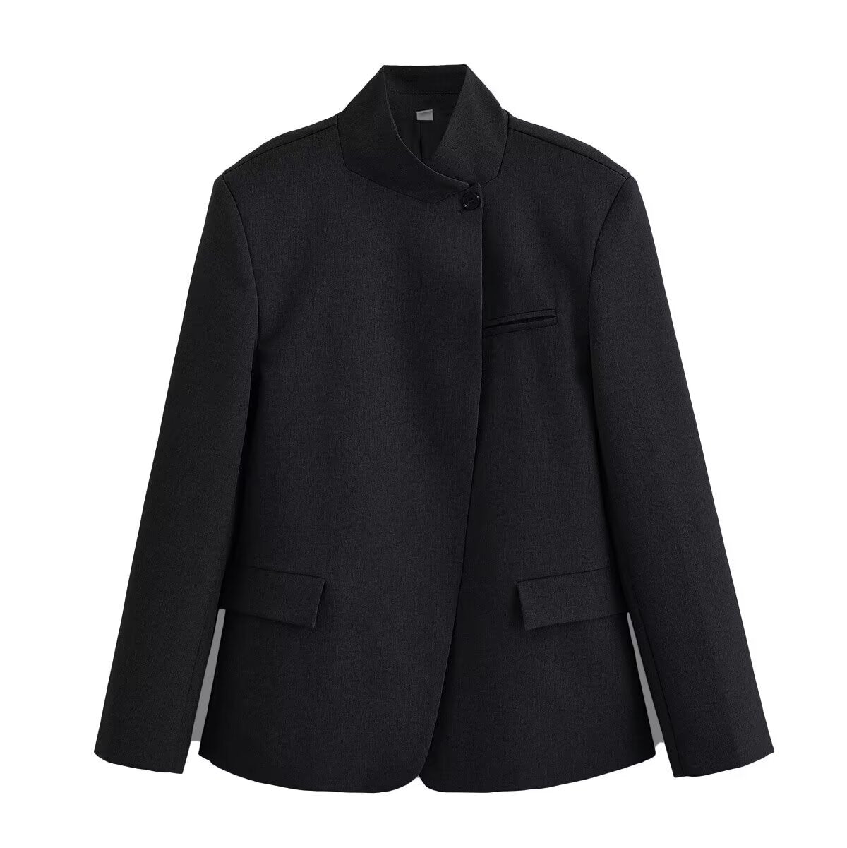 Women's structured short blazer in a minimal style with stand-up collar and concealed button placket Chichicherry
