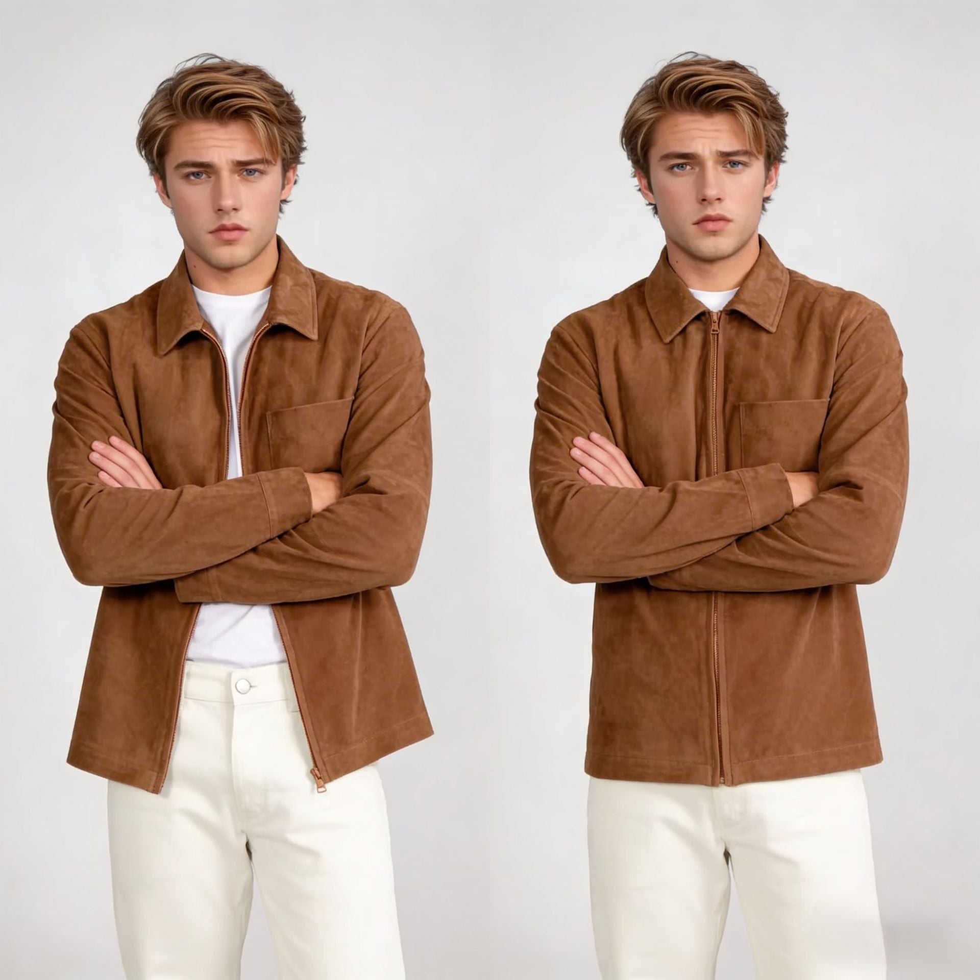Herren Velourslederjacke mit Reißverschluss und Hemdkragen Chichicherry