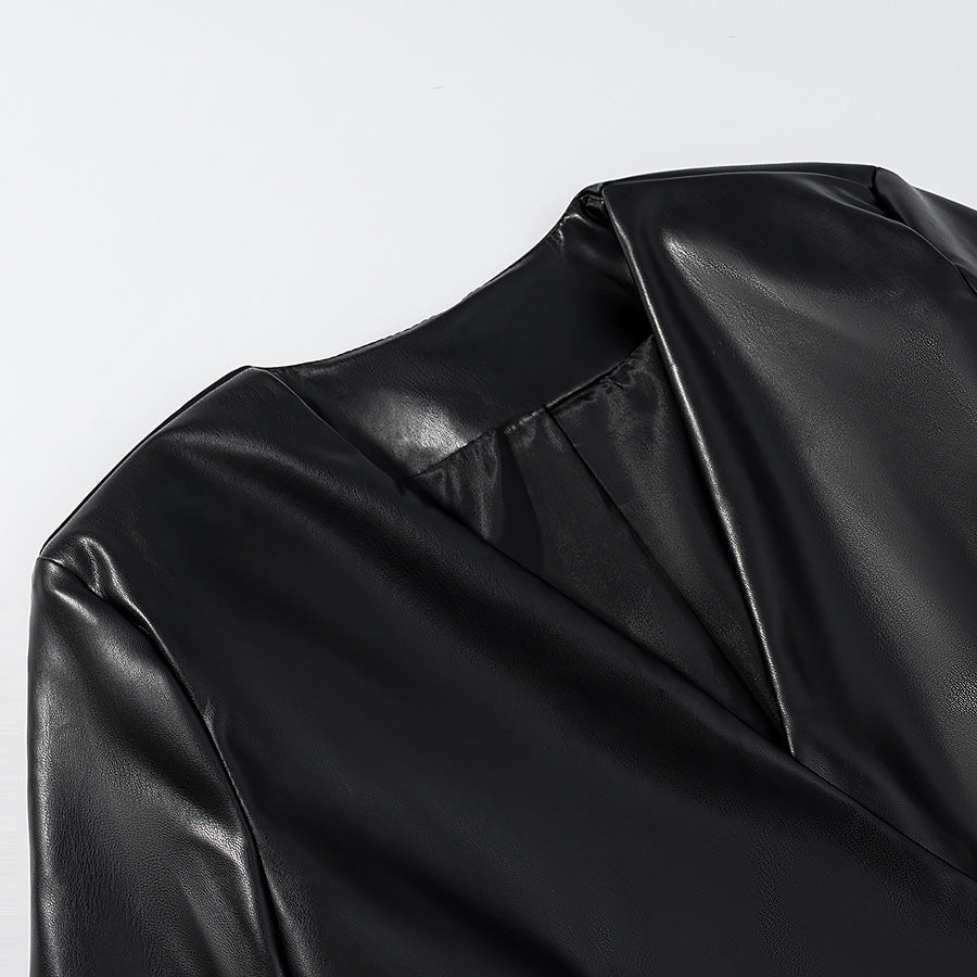 Women Fitted Blazer Jacket in Leather Look with Single Button and Contouring Darts Chichicherry