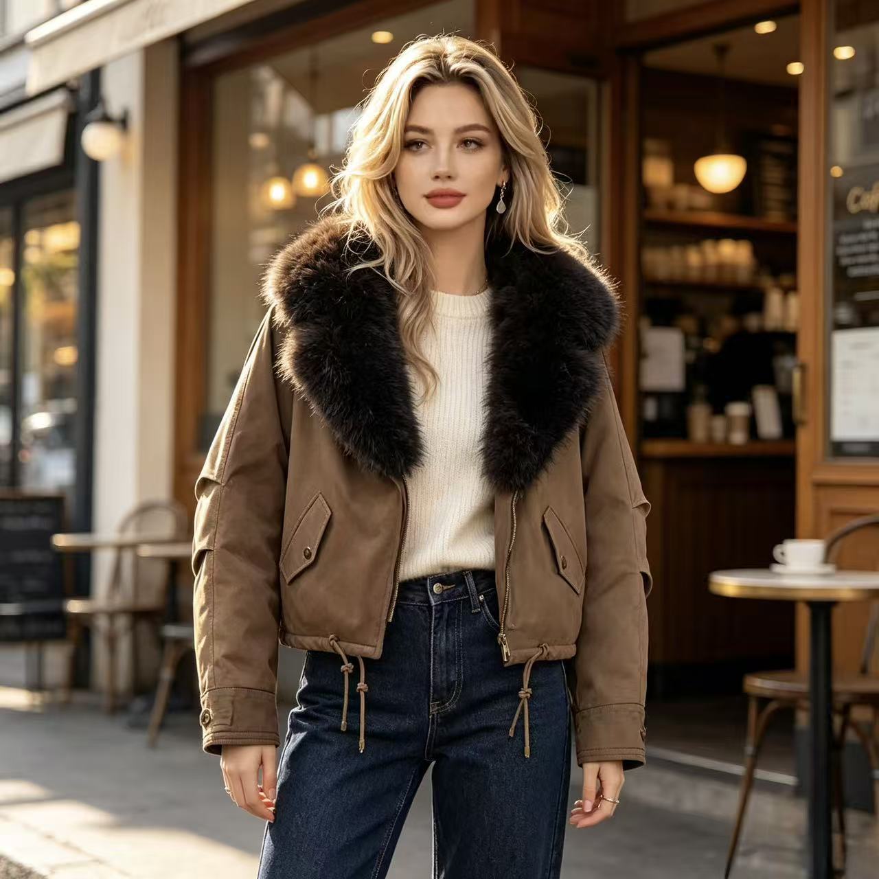 Women's short bomber jacket with voluminous faux fur collar, drawstring hem, and flap pockets Chichicherry