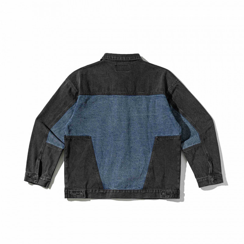 Unisex Two-tone Oversized Denim Jacket in Worker Look with Patch Chest Pockets and Straight Hem Chichicherry