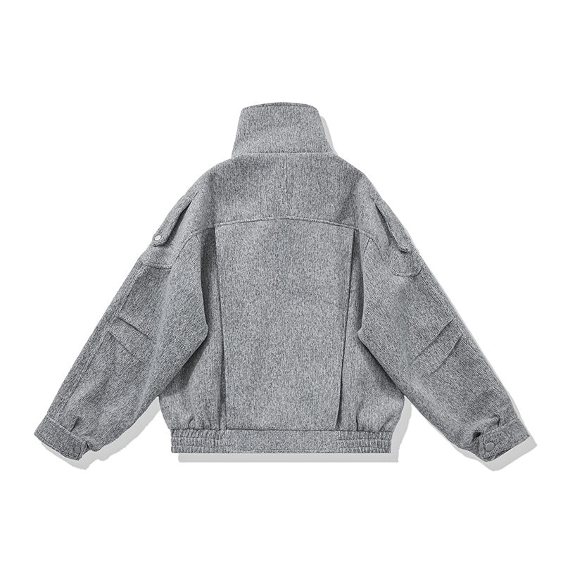 Ladies short cut wool blend biker jacket with asymmetric front and waist belt Chichicherry