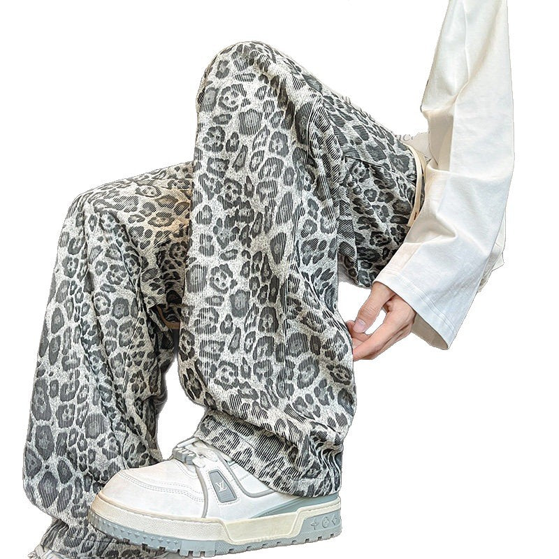 Men's Loose Fit Leopard Print Pants made of Lightweight Viscose Blend with Drawstring Chichicherry