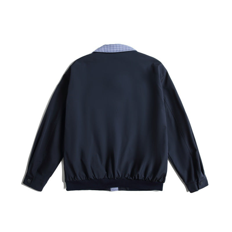 Men's Lightweight Harrington Bomber Jacket with Checkered Shirt Collar and Flap Pockets Chichicherry