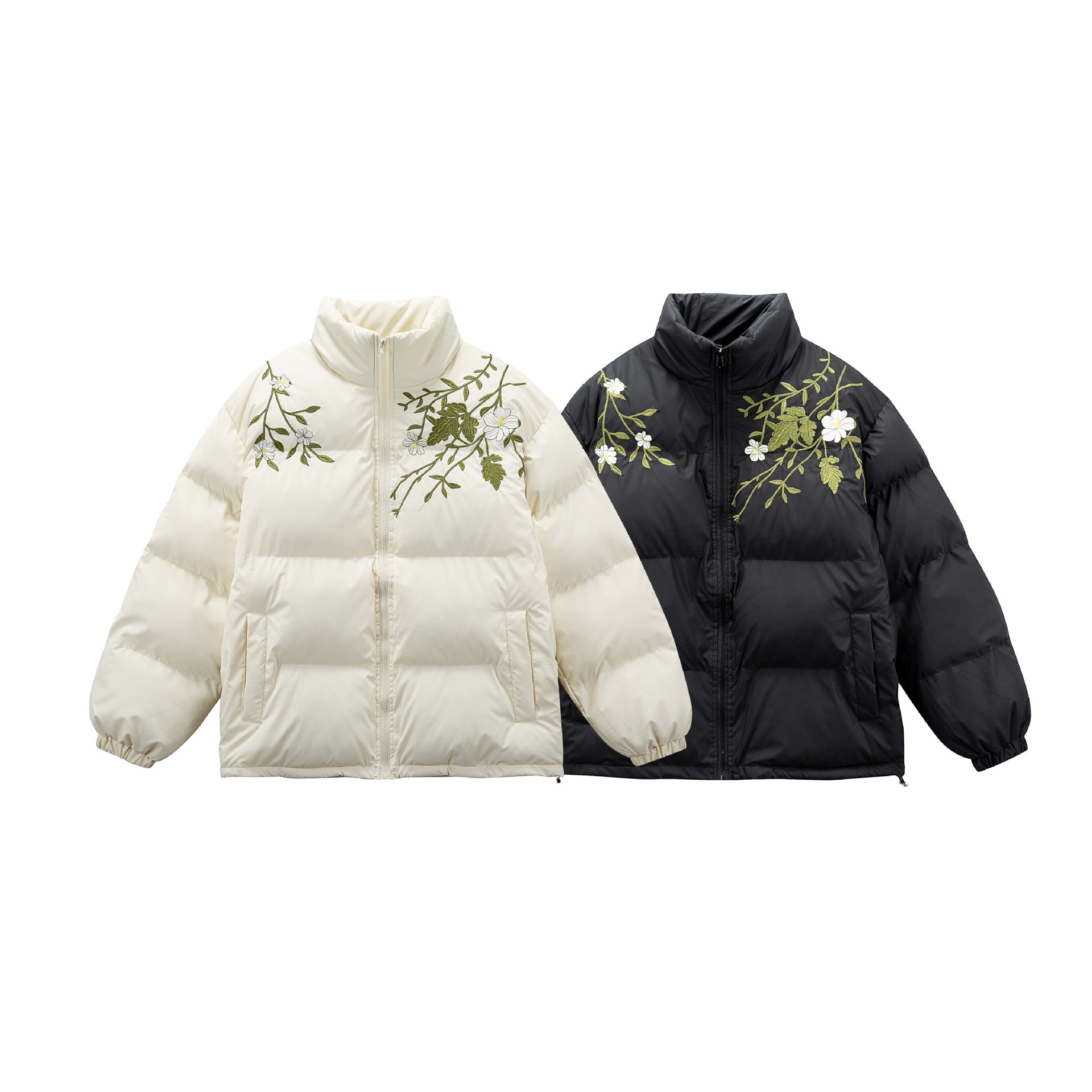 Women's Padded Oversized Quilted Jacket with Stand-up Collar and Floral Embroidery Chichicherry
