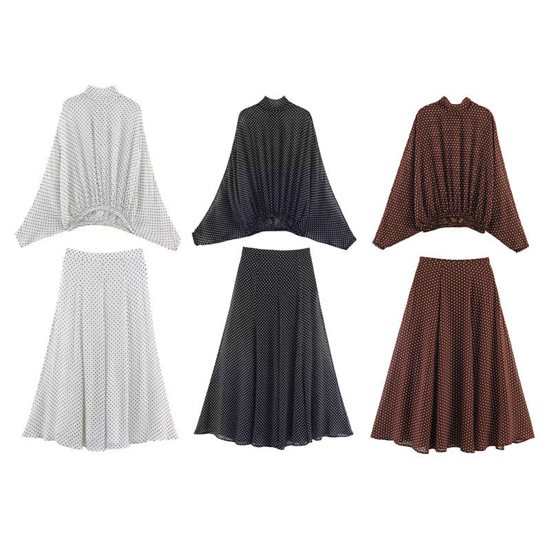 Women's Two-Piece Retro Polka Dot Set with Wide Batwing Top and Pleated Midi Skirt Chichicherry