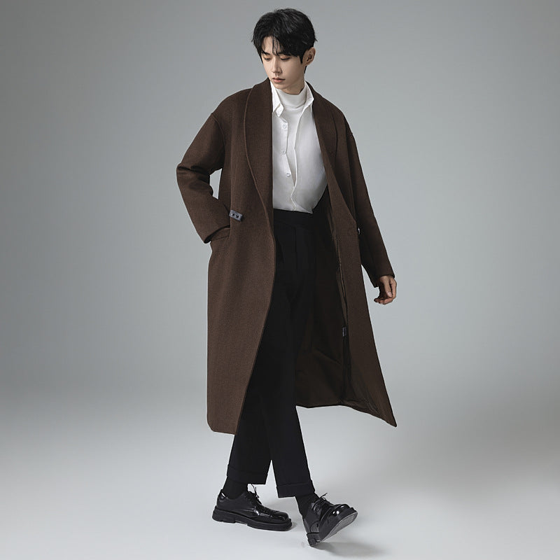 Men's maxi-length wool blend overcoat in oversized fit with wide shawl collar and decorative belt Chichicherry