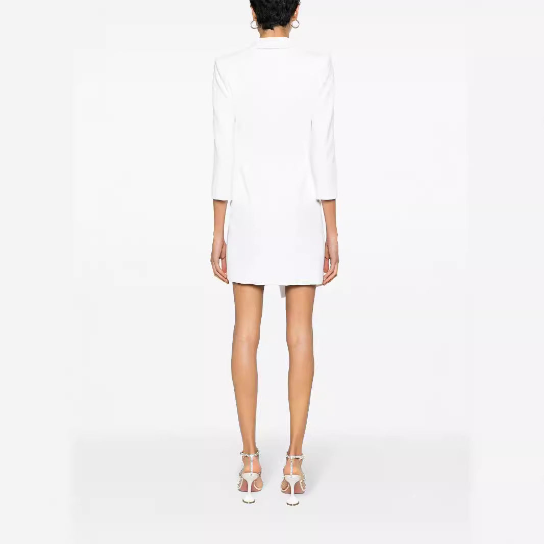 Women Tailored Blazer Dress with Asymmetrical Hem and 3/4 Sleeves Chichicherry