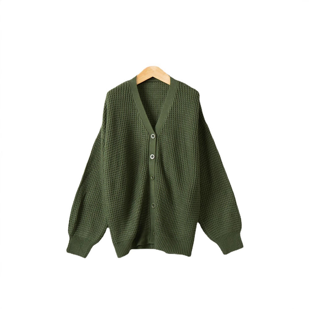 Women Waffle Structure Cardigan with Deep V Neck and Boxy Oversized Cut Chichicherry