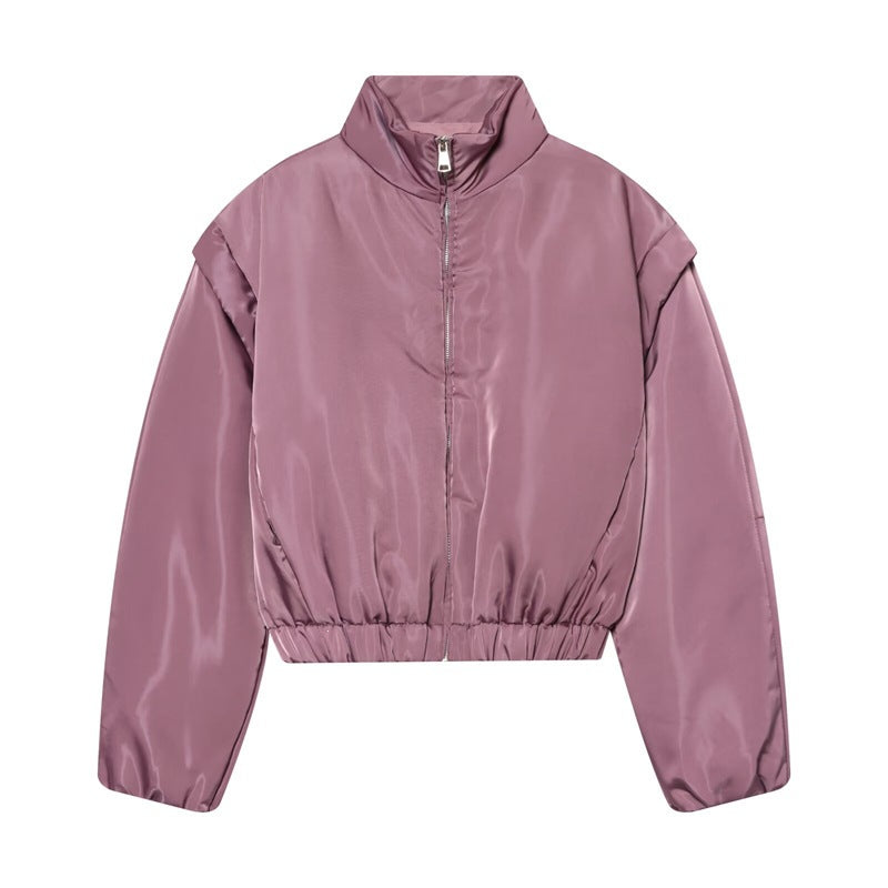 Women's short shiny bomber jacket with standing collar, tailored elastic waistband and concealed zipper Chichicherry