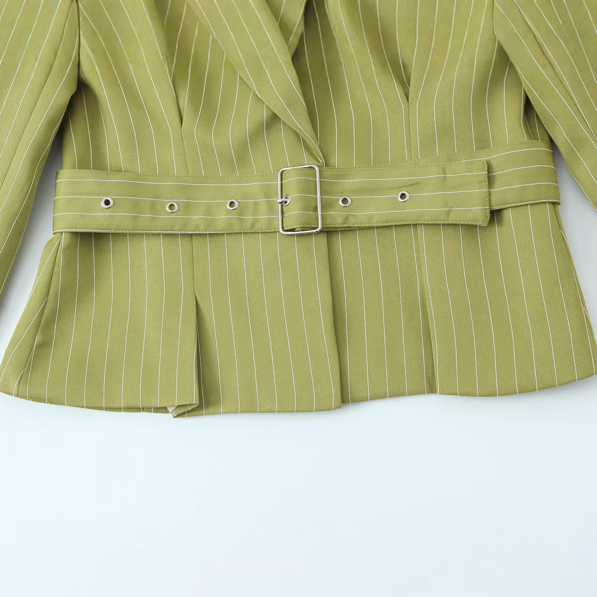 Women Tailored Cropped Blazer with Waist Belt and Pinstripes Chichicherry
