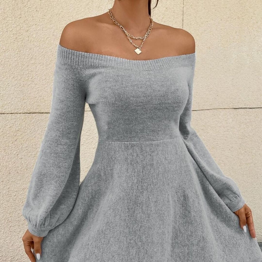 Damen Schulterfreies Feinstrick-Kleid mit taillierter Passform und Ballonärmeln Chichicherry
