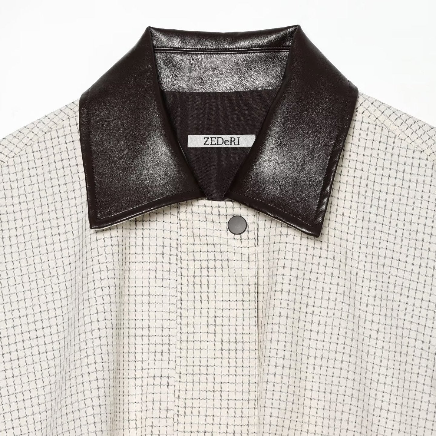 Women's Cropped Blouson Jacket in Boxy Cut with Fine Check Pattern and Contrast Faux Leather Collar Chichicherry