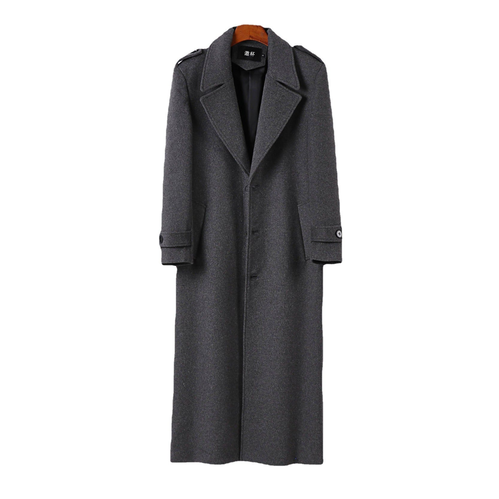 Men's Floor-Length Single-Breasted Wool Blend Coat with Distinctive Lapels and Shoulder Straps Chichicherry