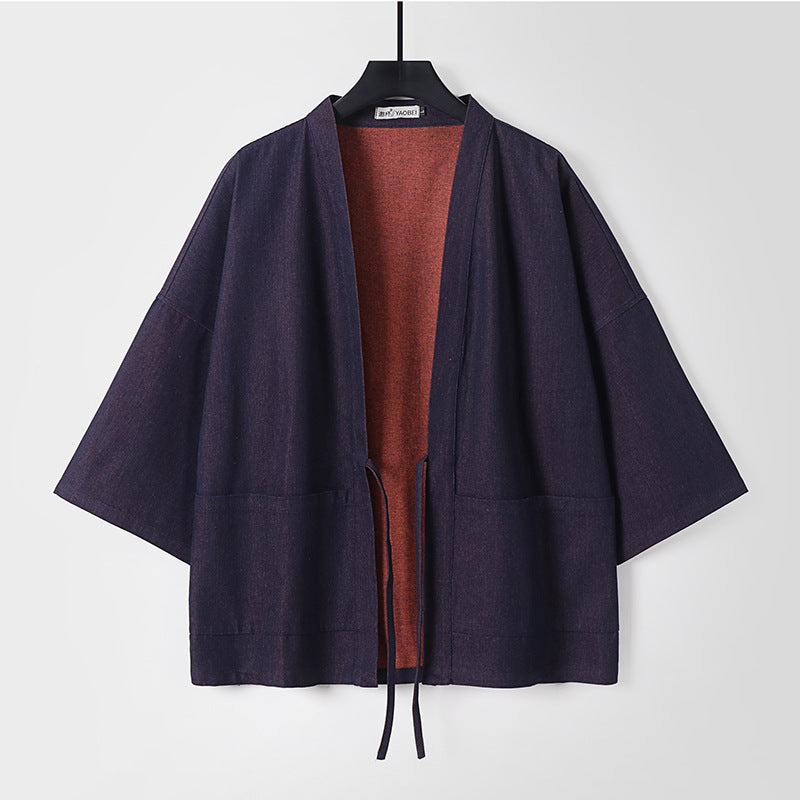 Unisex Light Denim Kimono Jacket with Contrast Lining and Tie Belt Chichicherry