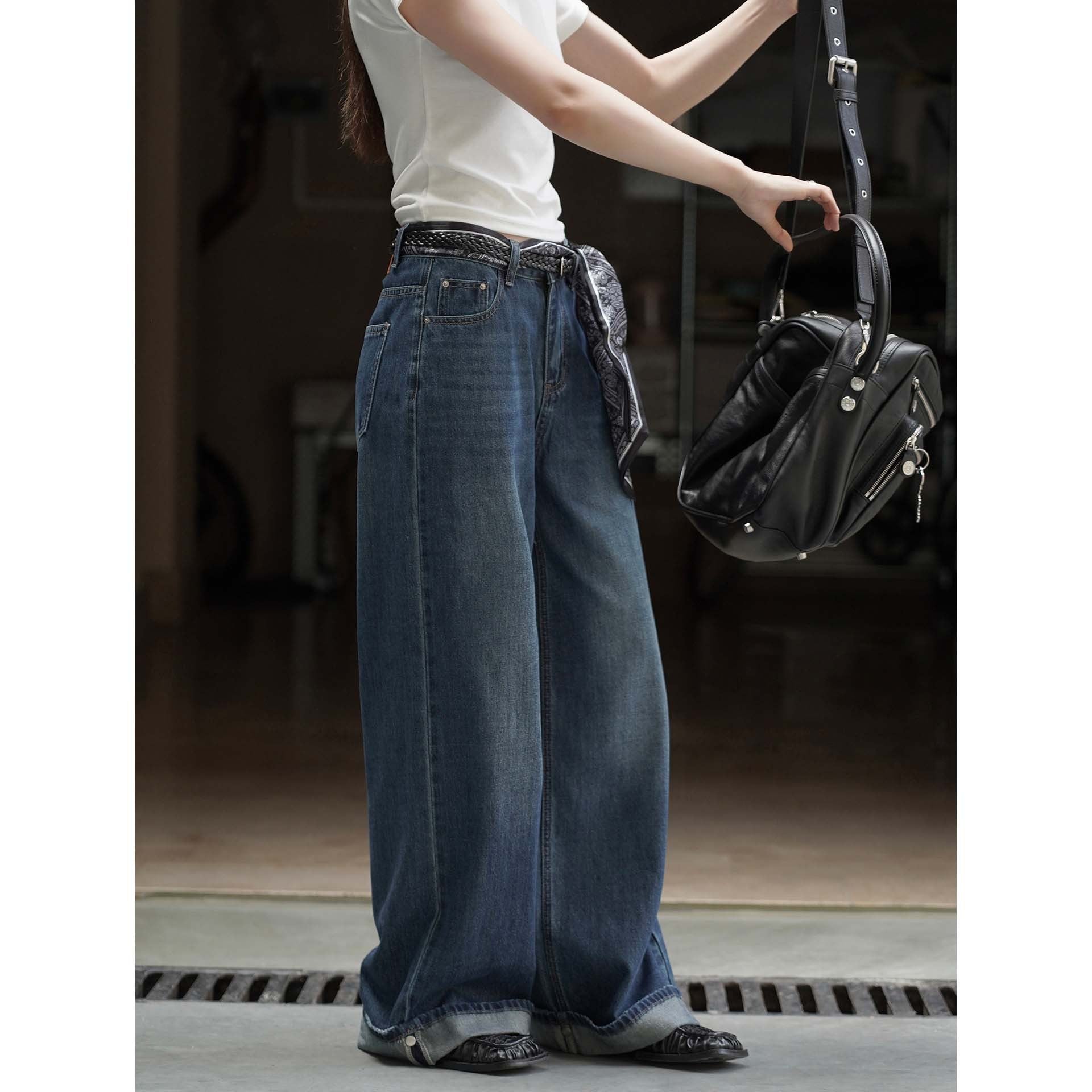 Women Extra Wide Denim Baggy Pants with Deep Crotch, Rolled Hem and Palazzo Fall Chichicherry