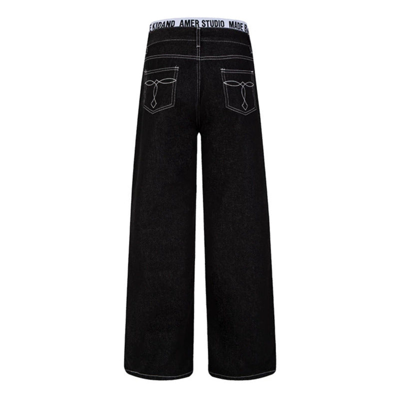 Women Wide High-Waist Denim Pants with Logo Elastic Waistband and Palazzo Silhouette Chichicherry