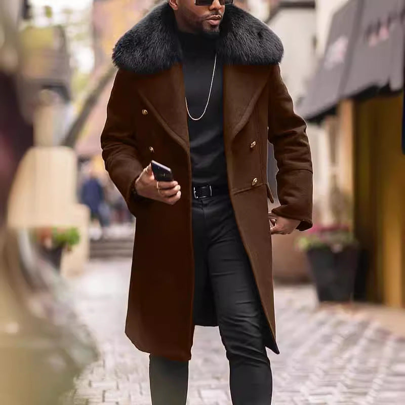 Men's double-breasted wool overcoat with voluminous sheepskin collar and gold decorative buttons Chichicherry