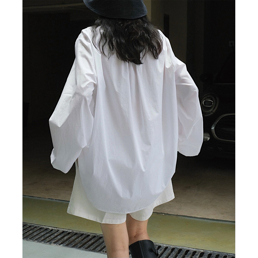 Women's Long Cut Poplin Tunic with Hidden Button Placket and Voluminous Balloon Sleeves Chichicherry