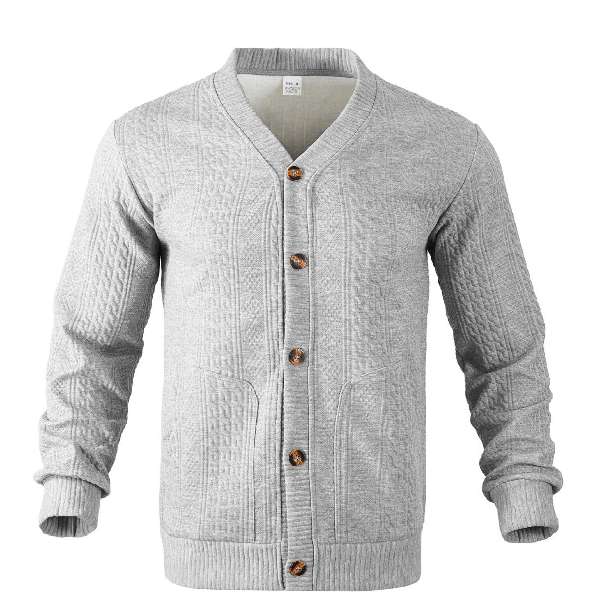 Men's Structured Knit Cardigan with Cable and Waffle Pattern, Button Placket and Patch Pockets Chichicherry