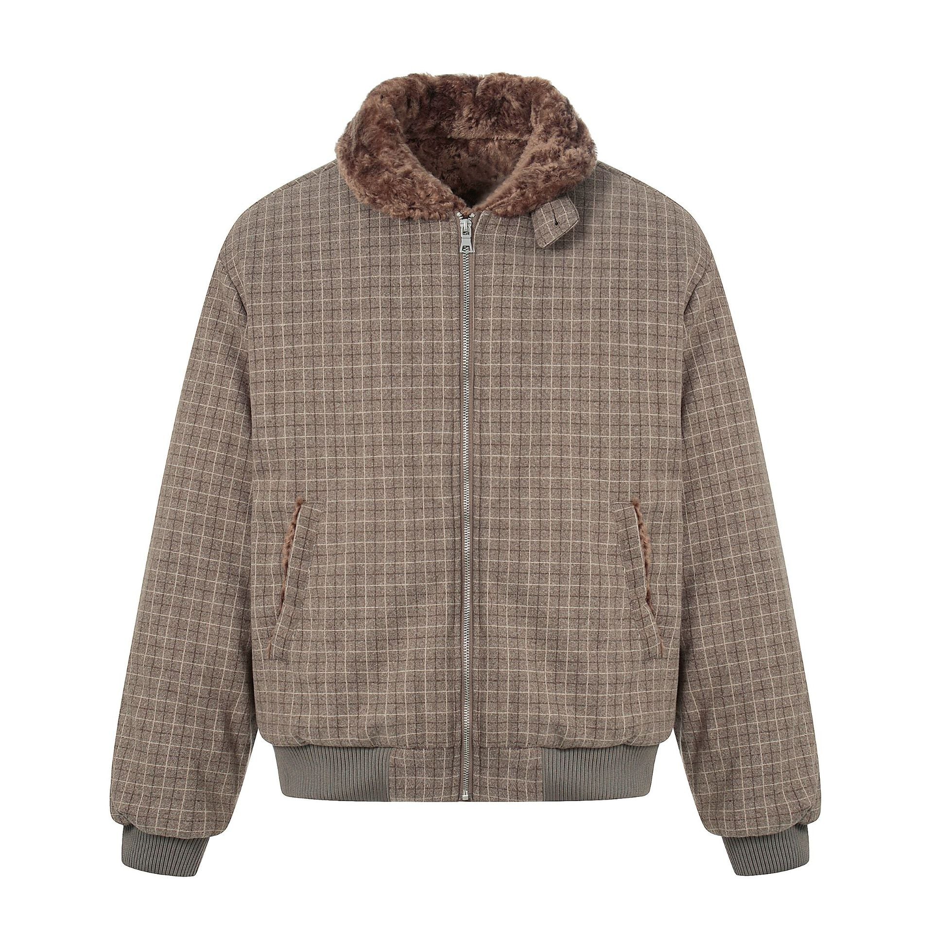 Men's Short Boxy Blouson in Wool Blend with Teddy Collar and Check Quilting Chichicherry
