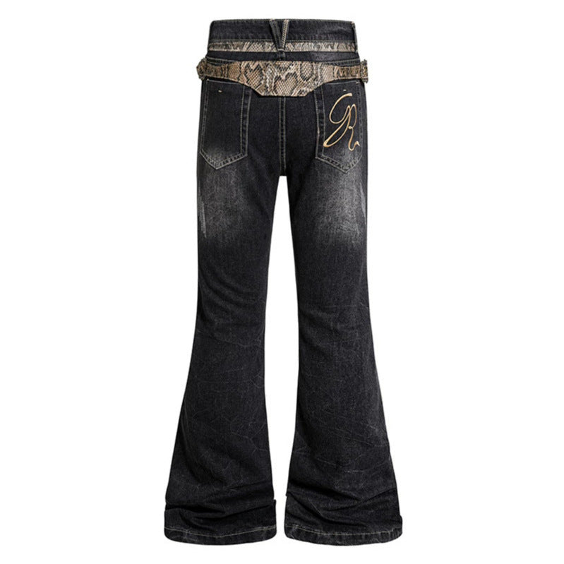Women's High Waisted Flared Jeans with Adjustable Hip Straps and Vintage Wash Chichicherry