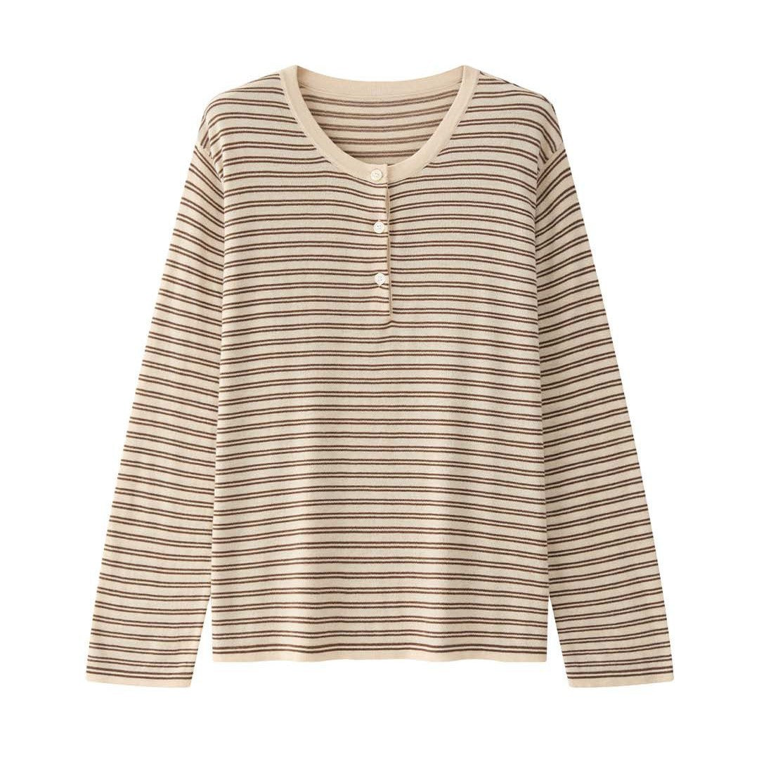 Women's Lightweight Cotton Blend Long Sleeve Shirt with Button Placket and Fine Striped Pattern Chichicherry