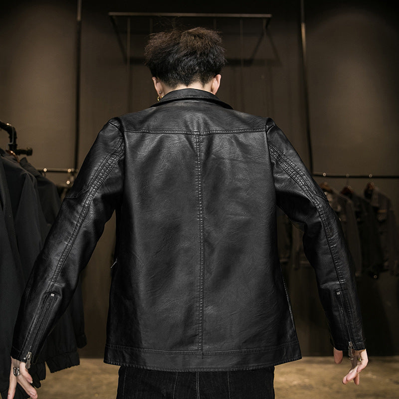 Men's Minimalistic Leather Effect Zip Blouson with Ergonomic Seam Lines and Shirt Collar Chichicherry